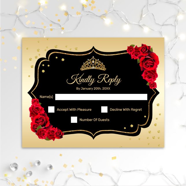RSVP Quinceanera Party - Gold Black Red Card (Creator Uploaded)