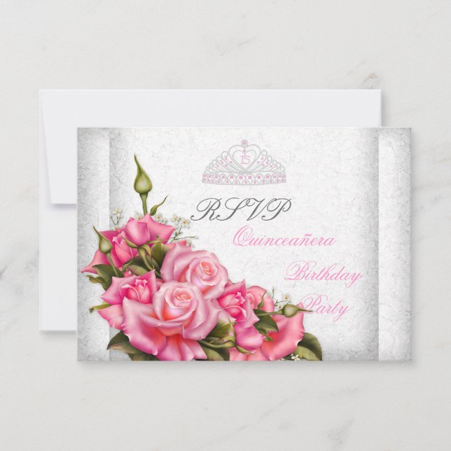 RSVP Quinceanera Pretty Pink Roses White 15th Card (Front)