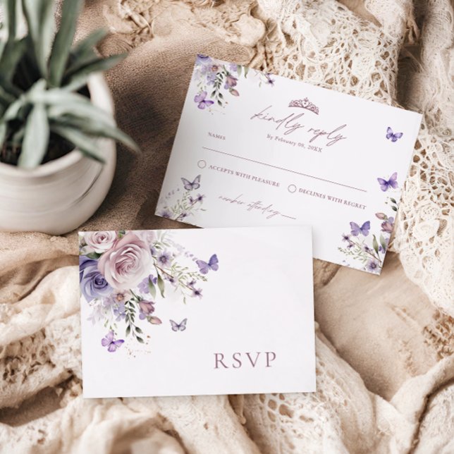 RSVP Quinceañera Purple Butterfly Floral Card (Creator Uploaded)