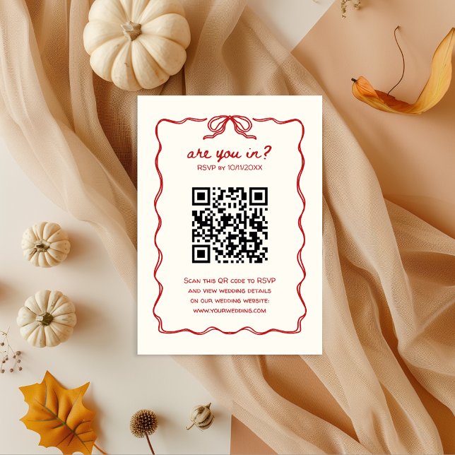 RSVP Red Hand-illustrated QR Code Enclosure Card (RSVP informal QR code French Vintage Hand illustrated Bow Retro Red Elegant)