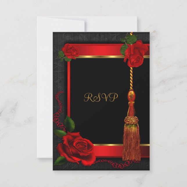RSVP Reply Birthday Party Red Rose Gold Black Card (Front)