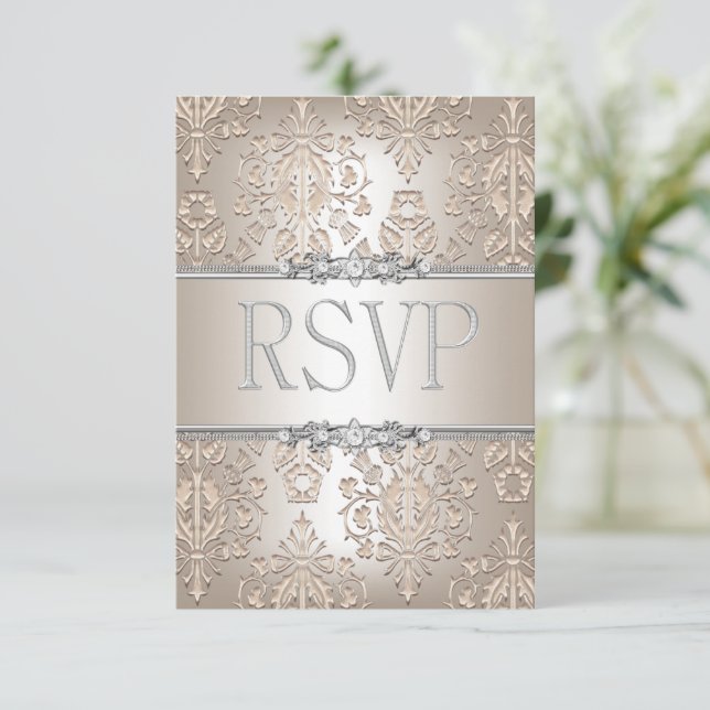 RSVP Reply Elegant Damask Cream Silver Floral Card (Standing Front)