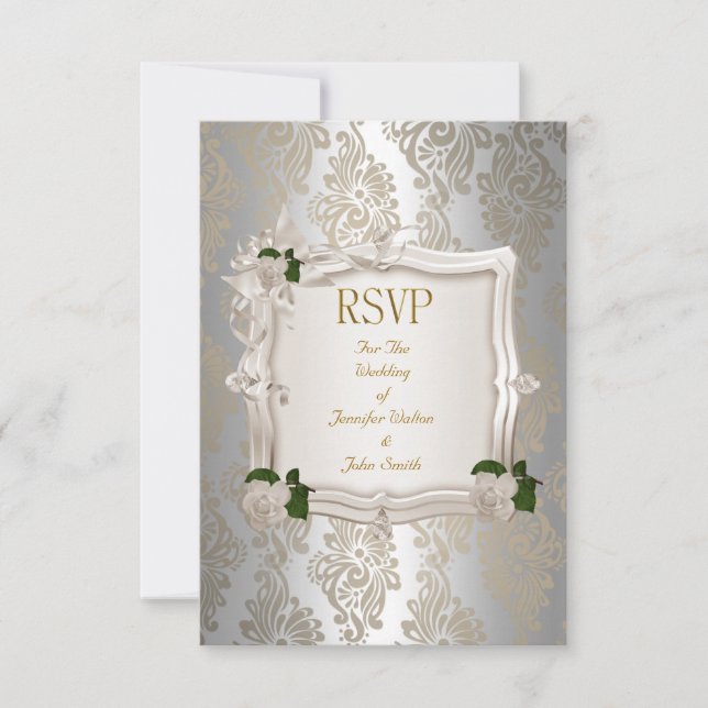 RSVP Reply Elegant Wedding Sepia Silver White Rose Card (Front)
