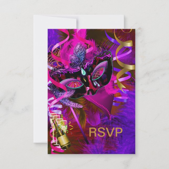 RSVP Reply Masquerade Masks Champagne Card (Front)