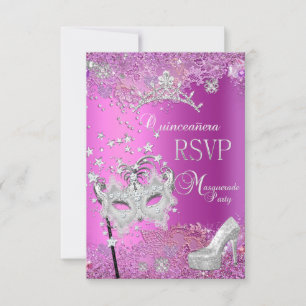 RSVP Reply Masquerade Quinceanera 15th Party Pink Card