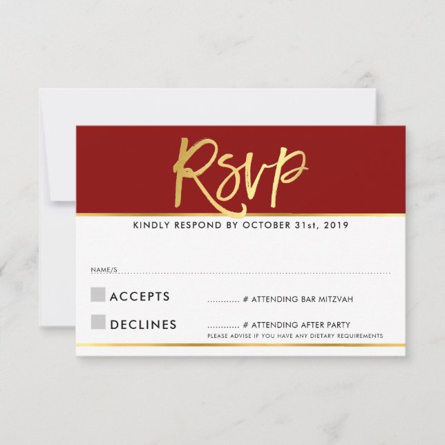 RSVP REPLY modern dark red burgundy gold writing Card (Front)