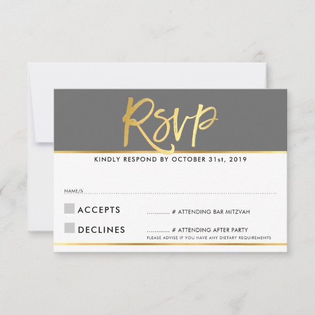 RSVP REPLY modern grey grey marble gold writing Card (Front)