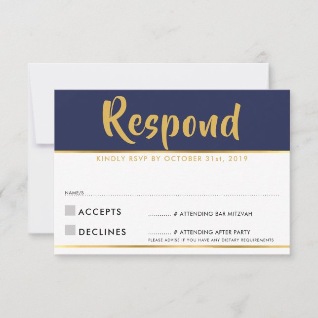 RSVP REPLY modern navy blue gold Response Card (Front)
