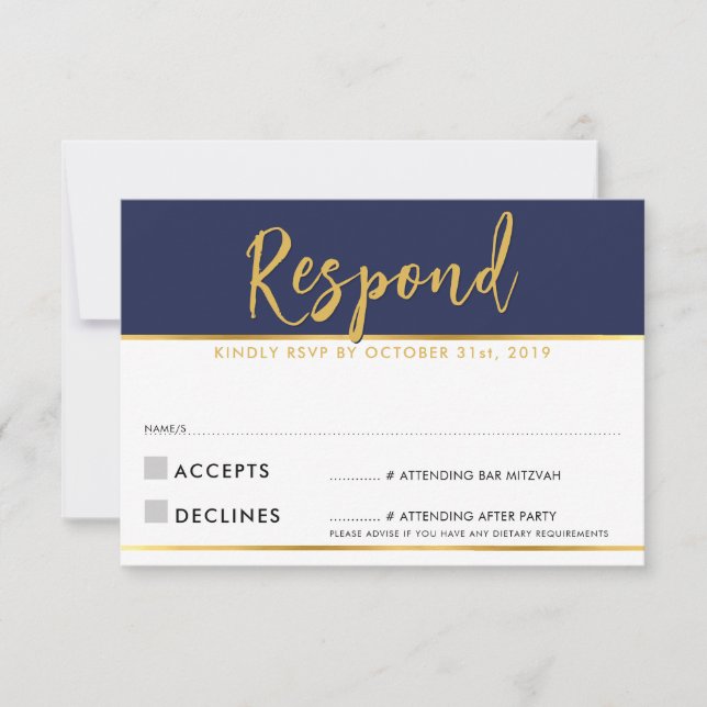 RSVP REPLY modern simple navy blue gold Card (Front)
