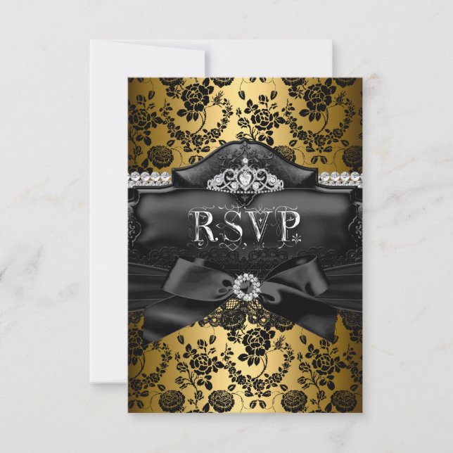 RSVP Reply Pretty Tiara & Bow Gold Sweet 16 Card (Front)