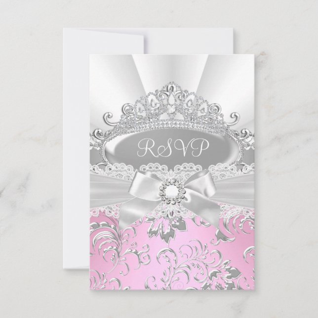 RSVP Reply Pretty Tiara & Bow Pink Quinceañera Card (Front)