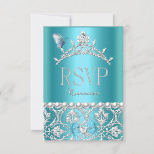 RSVP Reply Quinceanera 15th Blue Damask Butterfly Card