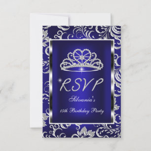 RSVP Reply Quinceanera Dark Blue Damask Silver Card