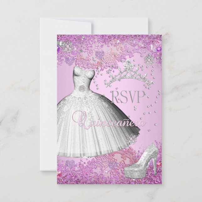 RSVP Reply Quinceanera Pink Tiara Dress Shoe Card (Front)