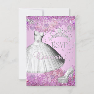 RSVP Reply Quinceanera Pink Tiara Dress Shoe Card