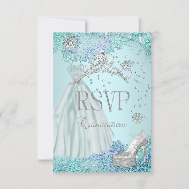 RSVP Reply Quinceanera Soft Teal Tiara Dress Shoe Card (Front)