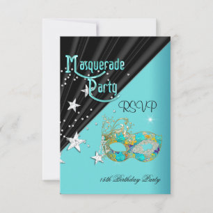 RSVP Reply Response Birthday Party Teal Gold Mask
