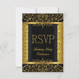 RSVP Reply Response Damask Black Gold On Gold