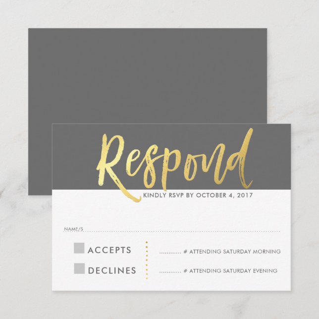RSVP REPLY RESPONSE faux gold type grey Invitation (Front/Back)