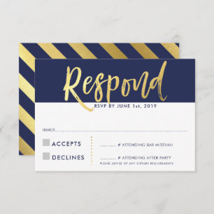RSVP REPLY RESPONSE faux gold type navy blue Invitation