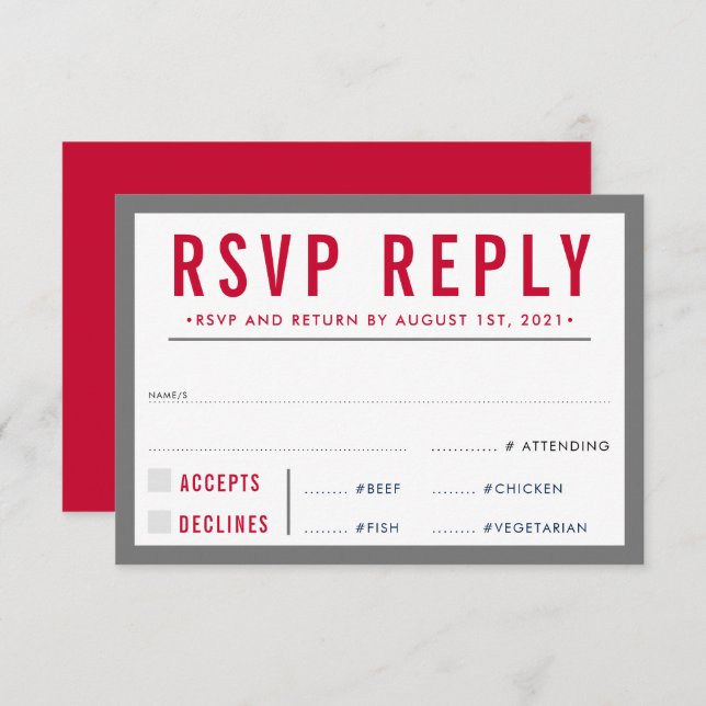 RSVP REPLY RESPONSE modern bold boy grey red (Front/Back)