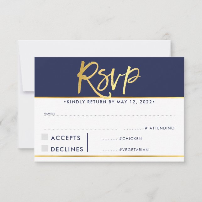 RSVP REPLY RESPONSE modern bold navy faux gold (Front)