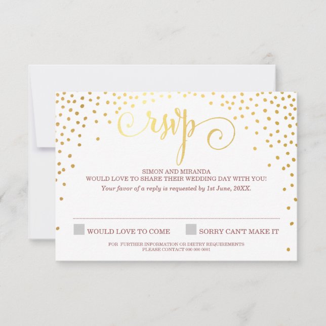 RSVP REPLY stylish cute mini gold confetti marsala Card (Front)