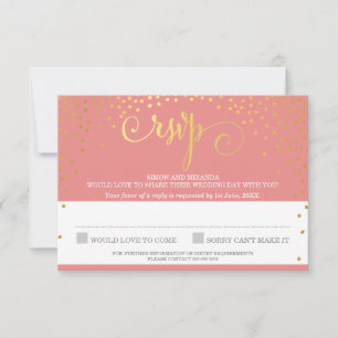 RSVP REPLY stylish rustic mini gold confetti coral