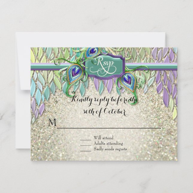 RSVP Response Art Deco Peacock Feathers Script Art (Front)
