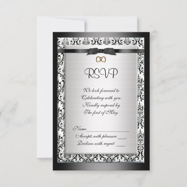 Rsvp response card black and white Damask (Front)