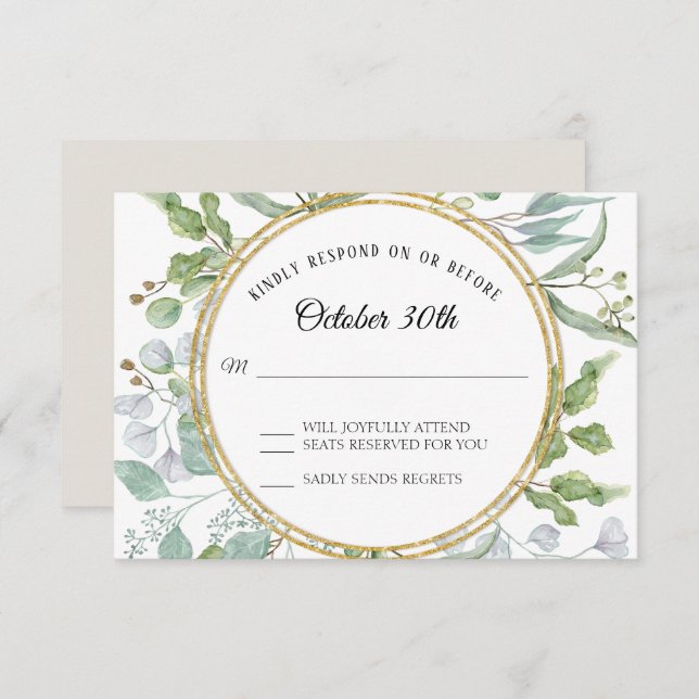RSVP Response Eucalyptus Gold Wreath Foliage Card (Front/Back)