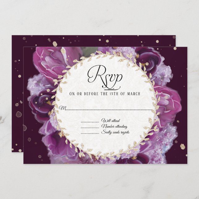 RSVP Response Lavender Purple Floral Leaf Wreath Invitation (Front/Back)