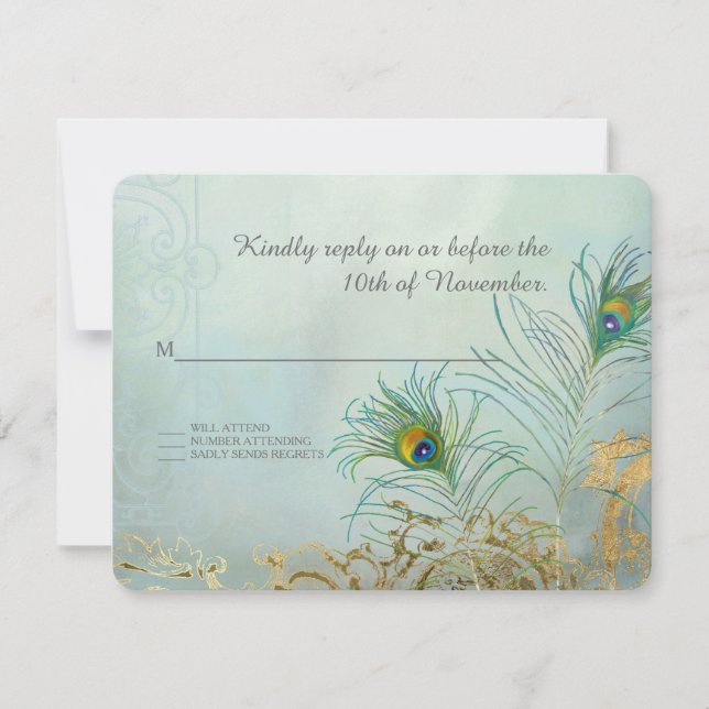 RSVP Response Peacock Feather Gold Elegant Wedding (Front)