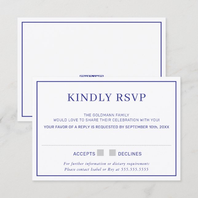 RSVP RESPONSE simple minimal border royal blue Invitation (Front/Back)