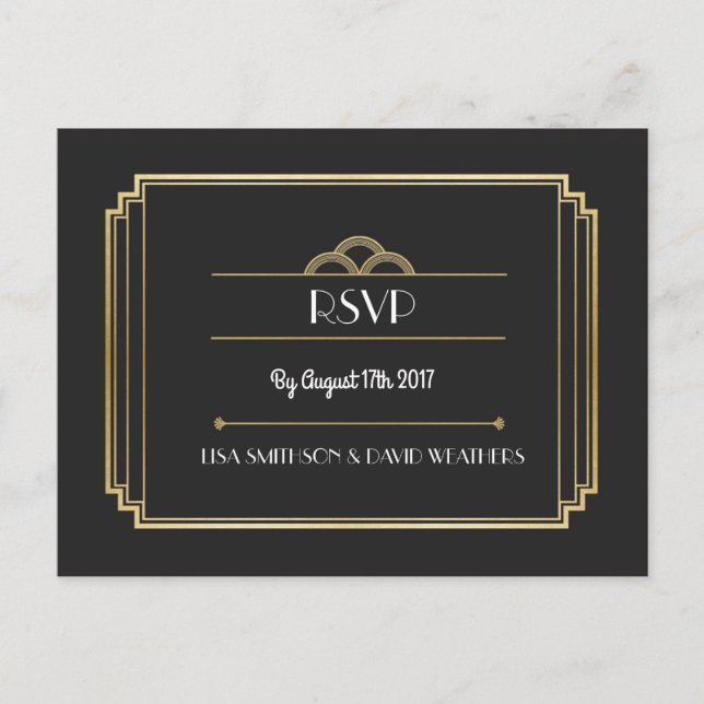RSVP Response Wedding Postcard Art Deco Gold (Front)