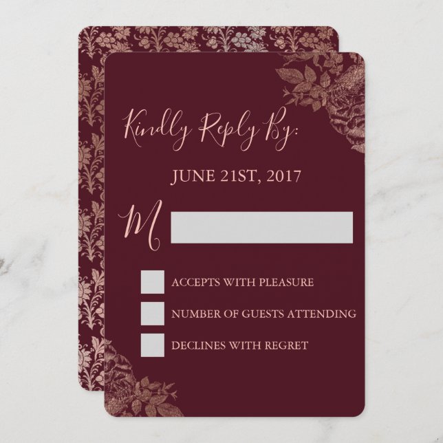 RSVP - Rose Gold Pink and Burgundy Marsala Floral Invitation (Front/Back)
