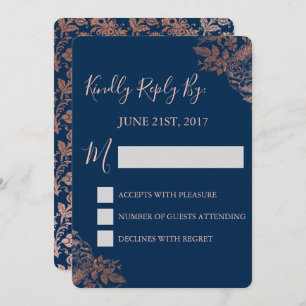 RSVP - Rose Gold Pink and Navy Blue Floral Invitation
