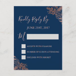 RSVP - Rose Gold Pink and Navy Blue Floral Invitation Postcard