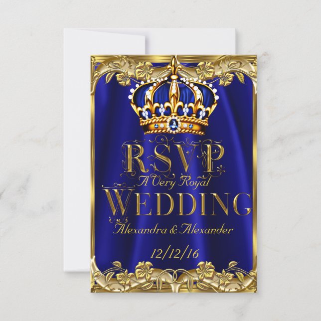 RSVP Royal Blue Navy Wedding Gold Crown 3 Card (Front)