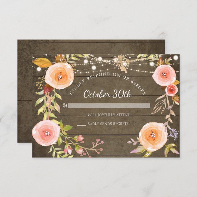 RSVP Rustic Twinkle Lights Wood Botanical Floral Invitation (Front/Back)