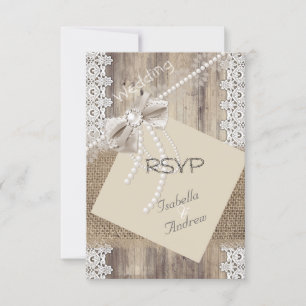 RSVP Rustic Wedding Beige Pearl Lace Wood Burlap 4 Card