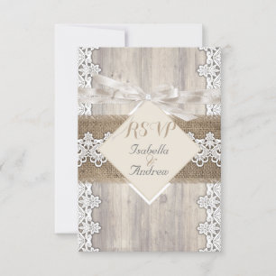 RSVP Rustic Wedding Beige White Lace Wood AB Card