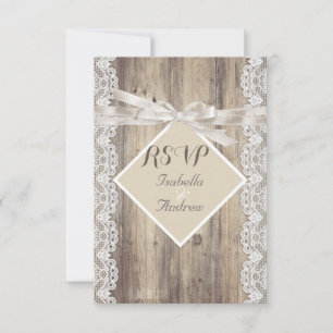 RSVP Rustic Wedding Beige White Lace Wood Card