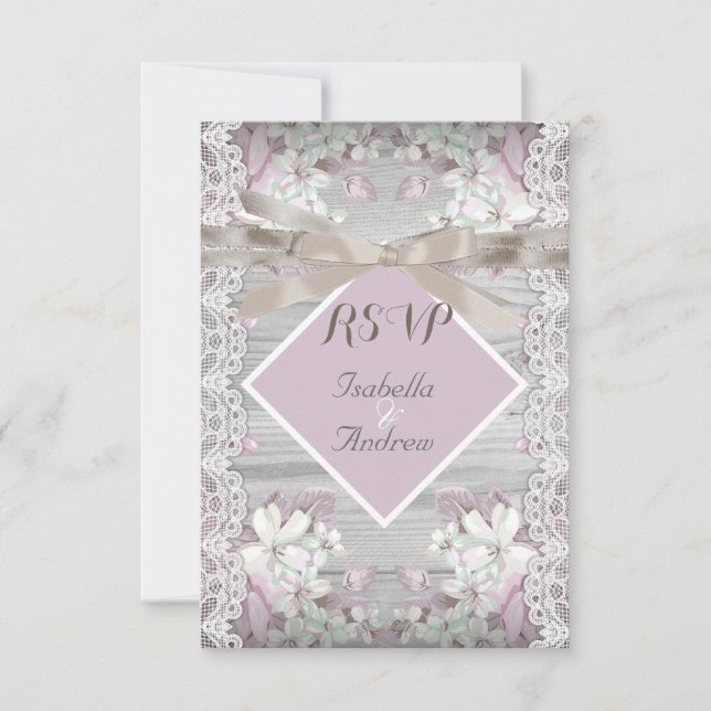RSVP Rustic Wood Floral Wedding White Lace Pink Card (Front)