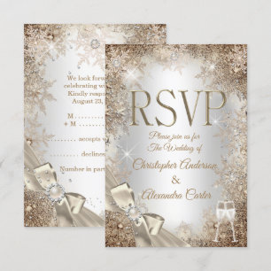 RSVP Silver Beige Cream Pearl Bow Snowflake 2 Invitation