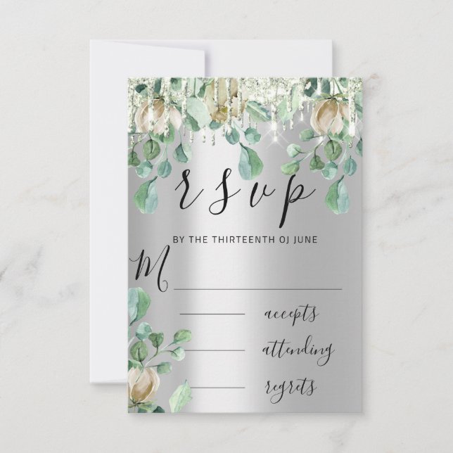 RSVP Silver Drips Wedding Mint Green Florals Card (Front)