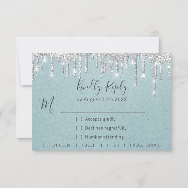 RSVP Silver Grey Drips Wedding Event Aqua Blue Card (Front)