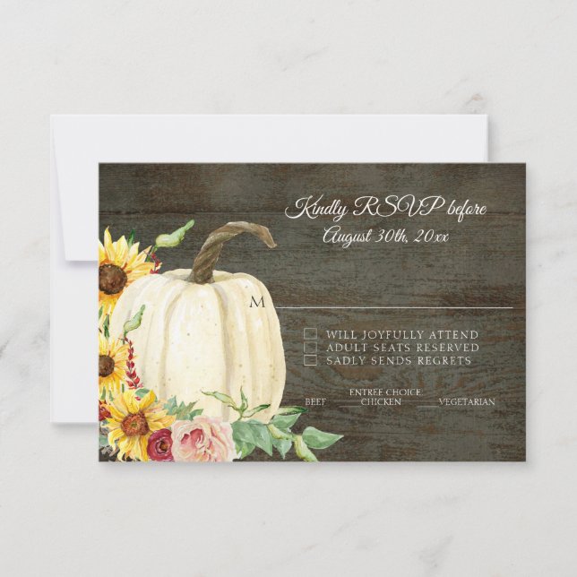 RSVP Sunflower n Pumpkin Red Burgundy Dark Wood Invitation (Front)