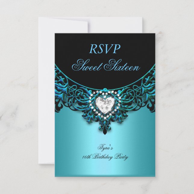 RSVP Sweet Sixteen 16 Birthday Party Aqua Blue Card (Front)