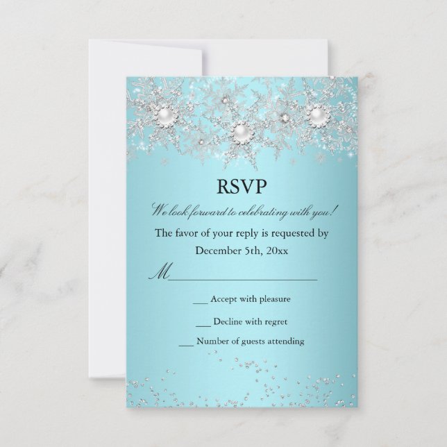 RSVP Teal Blue Crystal Pearl Snowflake Winter Card (Front)